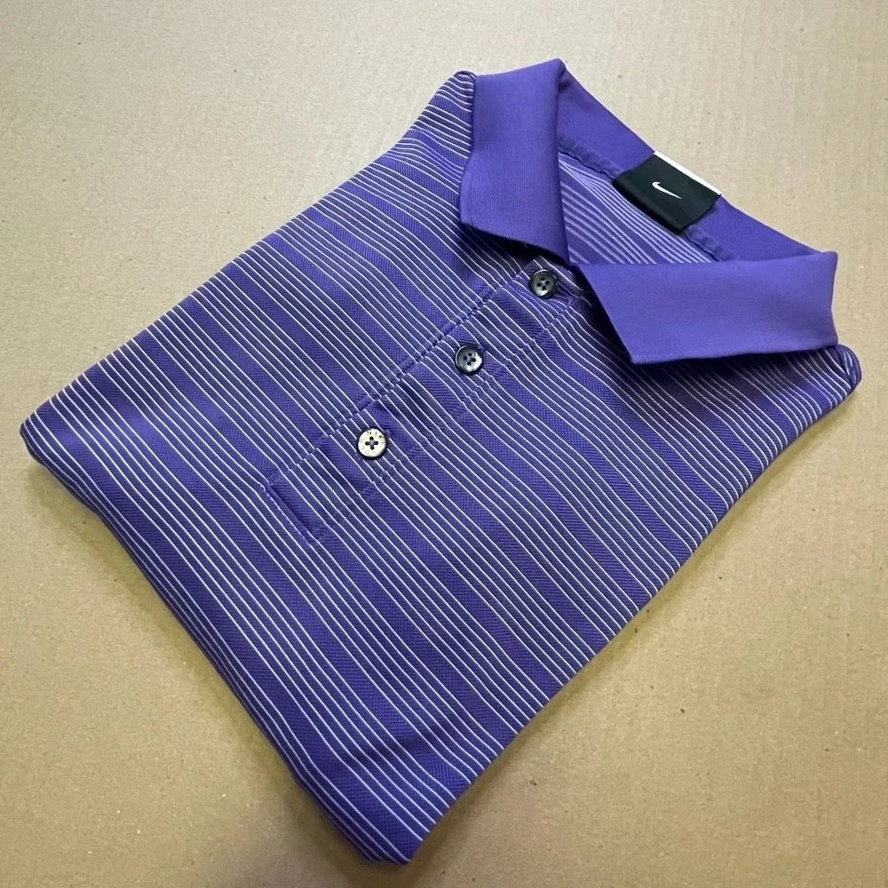NikeGolf Men's Dri Fit Polo Size L Purple/White Stripe‎ Short Sleeve